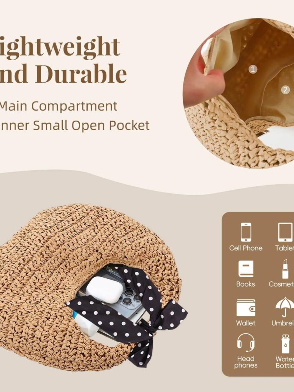 Straw Bag for Women, Summer Beach Tote Purse with Zipper, Raffia Woven Bag, Tote - Picture 6 of 7